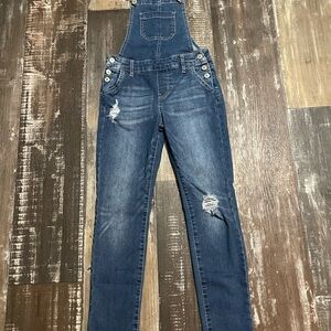 Girls Dark Wash Distressed Denim Overalls